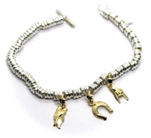 Load image into Gallery viewer, 925 STERLING SILVER CIRCLE BRACELET, 9K YELLOW GOLD HORSESHOE, MANO CORNUTO, OWL.