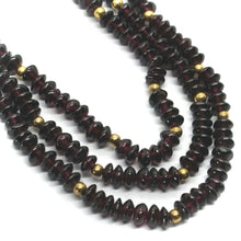Load image into Gallery viewer, 18K YELLOW GOLD THREE WIRES MULTI STRAND NECKLACE WITH DISC GARNET, GOLD SPHERE.
