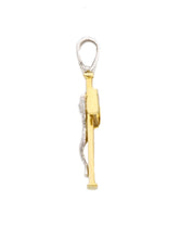 Load image into Gallery viewer, 18K YELLOW WHITE GOLD SQUARED WORKED CROSS PENDANT, SMOOTH, JESUS CHRIST, 27mm.