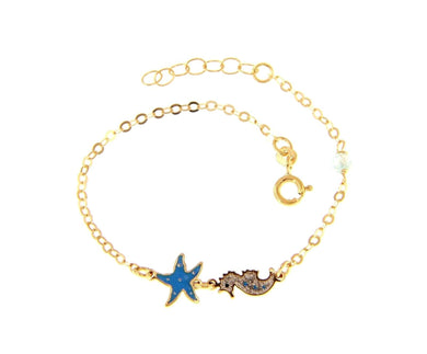 18k yellow gold kid child baby bracelet enamel seahorse & starfish rolo chain.