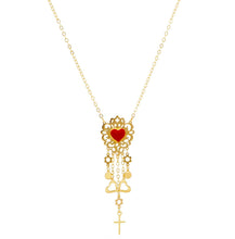 Load image into Gallery viewer, 18K YELLOW GOLD YELLOW GOLD NECKLACE WITH FLOWERS CROSS AND ENAMELLED HEART.