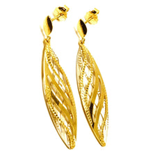 Charger l'image dans la galerie, 18K YELLOW GOLD PENDANT EARRINGS WORKED WAVY DOUBLE OVAL LEAF 4.5cm, 1.8".