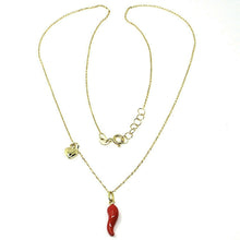 Load image into Gallery viewer, 18K YELLOW GOLD NECKLACE WITH RED ENAMEL MINI HORN CORNICELLO & HEART PENDANT, 16.5" CHAIN.