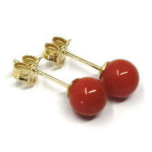 Cargar imagen en el visor de la galería, 18k yellow gold balls spheres red coral button earrings, 6 mm, 0.24 inches.