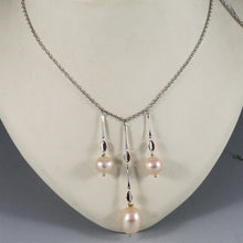 Load image into Gallery viewer, 18k white gold lariat necklace 3 pendant wires with pink pearls, rolo chain.