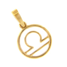 Load image into Gallery viewer, 18k yellow gold zodiac sign round mini 12mm pendant, zodiacal, libra, stylized.