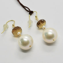 Load image into Gallery viewer, SOLID 18K YELLOW GOLD EARRINGS WITH WHITE PEARL AND BEER QUARTZ MADE IN ITALY.