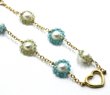 Load image into Gallery viewer, 18k yellow gold heart bracelet, green blue zirconia and freshwater pearls flower.