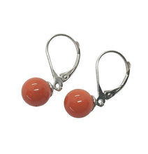 Load image into Gallery viewer, 18k white gold leverback earrings balls spheres red coral button, 8mm, 0.31".