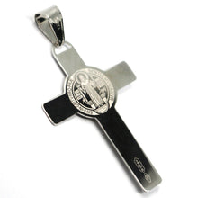 Load image into Gallery viewer, SOLID 18K WHITE GOLD BIG FLAT CROSS WITH JESUS & SAINT BENEDICT MEDAL, 38 mm.
