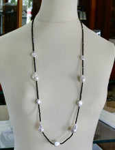 Load image into Gallery viewer, 18k white gold long 35" 90cm necklace faceted black spinel big drop disc pearls.