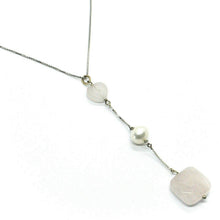 Load image into Gallery viewer, 18k white gold lariat necklace heart square rose quartz pearl pendant, venetian.