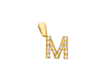 Load image into Gallery viewer, 18K YELLOW GOLD SMALL 10mm 0.4" PENDANT CHARM INITIAL LETTER M & CUBIC ZIRCONIA.