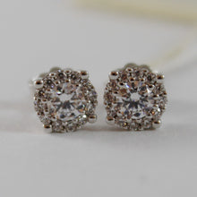 Load image into Gallery viewer, 18k white gold 7 mm flower sun earrings white zirconia 1.4 carats.
