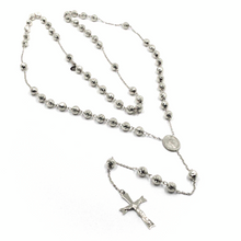 Load image into Gallery viewer, 18k white gold rosary necklace miraculous medal Jesus cross, diamond cut spheres.