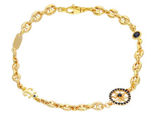 Load image into Gallery viewer, 18k yellow gold 5mm mariner man bracelet, 7.3", compass anchor, black spinel.