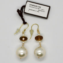 Load image into Gallery viewer, SOLID 18K YELLOW GOLD EARRINGS WITH WHITE PEARL AND BEER QUARTZ MADE IN ITALY.