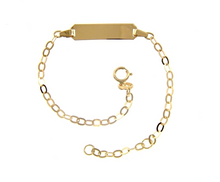 Load image into Gallery viewer, 18k yellow gold boy girl baby bracelet engraving plate rolo flat chain 4.7-5.5&quot;.
