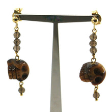 Load image into Gallery viewer, 18k yellow gold 40mm pendant earrings, pirate skull tiger eye, smoky quartz.