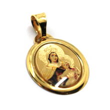Load image into Gallery viewer, 18k yellow gold enamel oval medal, 17x15mm, Lady of Carmel Virgin Mary and Jesus.