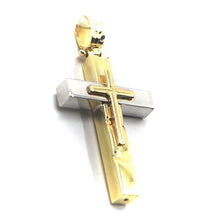 Load image into Gallery viewer, 18K YELLOW WHITE GOLD TUBE TWO TONE SQUARED CROSS, 30 mm, 1.18", MADE IN ITALY.