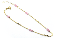 Load image into Gallery viewer, 18k yellow gold rolo spiral anklet 9.8" 25cm with faceted pink 3mm quartz.