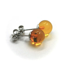 Load image into Gallery viewer, solid 18k white gold lobe earrings, orange amber 8 mm spheres butterfly closure.