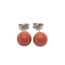 Load image into Gallery viewer, 18k white gold balls spheres red coral button earrings, 8mm, 0.31 inches.