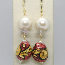 Cargar imagen en el visor de la galería, 18k yellow gold earrings amethyst pearl & ceramic big drop hand painted in italy.