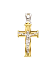 Load image into Gallery viewer, 18K YELLOW WHITE GOLD SQUARED WORKED CROSS PENDANT, SMOOTH, JESUS CHRIST, 27mm.