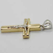 Load image into Gallery viewer, 18K YELLOW WHITE GOLD JESUS CROSS PENDANT SQUARED 1.6 INCHES, 4.1 CM, ITALY MADE.