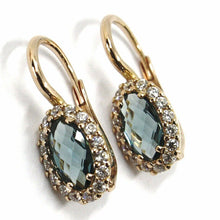 Cargar imagen en el visor de la galería, 18k rose gold leverback flower earrings, oval blue crystal, cubic zirconia frame.