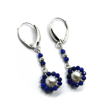 Load image into Gallery viewer, 18k white gold 40mm pendant flower lapis lazuli earrings freshwater white pearl.