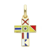 Load image into Gallery viewer, 18k yellow gold square cross pendant 2cm 0.8&quot; nautical enamel flags.
