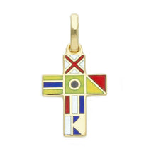 Load image into Gallery viewer, 18k yellow gold square cross pendant 2cm 0.8" nautical enamel flags.