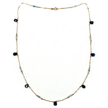 Cargar imagen en el visor de la galería, 18k rose gold 20" 50cm long necklace london blue topaz drops and aquamarine.