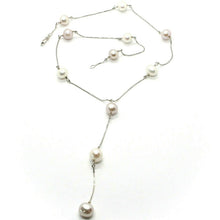 Load image into Gallery viewer, 18k white gold lariat necklace venetian chain purple & white pearls 8.5 mm.