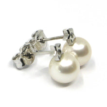Cargar imagen en el visor de la galería, 18k white gold mini earrings with star, white round pearls 6 mm and diamonds.