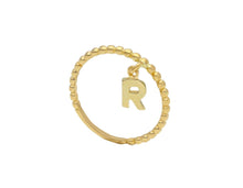 Load image into Gallery viewer, 18K YELLOW GOLD RING, SMALL 1mm SQUARES WIRE AND 5mm LETTER INITIAL R PENDANT.