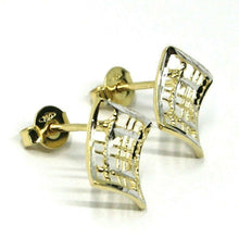 Load image into Gallery viewer, SOLID 18K YELLOW WHITE GOLD EARRINGS, WAVY, 13x12 mm, WORKED RHOMBUS, STRIPED.