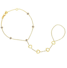 Load image into Gallery viewer, 18K YELLOW GOLD BRACELET HAND KISS FINGER RING HARNESS HEARTS, CUBIC ZIRCONIA.