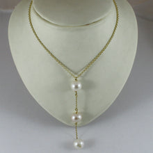 Charger l'image dans la galerie, 18k yellow gold lariat necklace rolo chain fw round white pink pearl pendant.