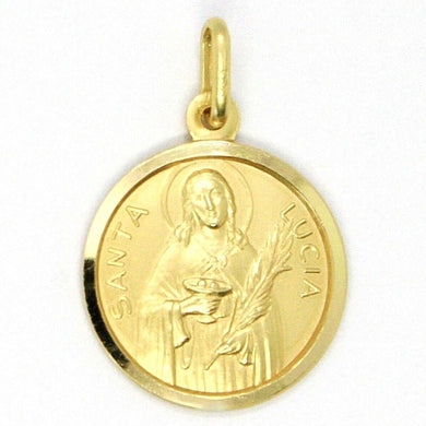 18k yellow gold Holy St Saint Santa Lucia Lucy round medal pendant, 17 mm.