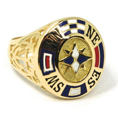 18k yellow gold band man ring, nautical anchor, flags, enamel, compass wind rose.