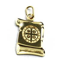 Load image into Gallery viewer, 18k yellow gold parchment medal 13x18mm Saint Benedict, engraved front and back.
