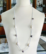 Cargar imagen en el visor de la galería, 18k white gold long 35" 90cm necklace aquamarine big drop white & gray pearls.
