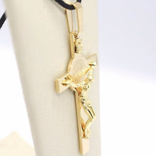 Cargar imagen en el visor de la galería, 18k yellow gold Cross, Jesus & Saint Benedict medal, big 2.1 inches.