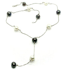 Load image into Gallery viewer, 18k white gold lariat necklace venetian chain black & white pearls 8.5 mm.