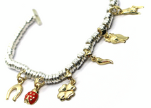 Load image into Gallery viewer, 925 STERLING SILVER BRACELET, 9K YELLOW GOLD HORSESHOE, HAND, OWL, HORN, LADYBUG.
