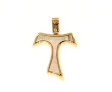 Cargar imagen en el visor de la galería, 18k yellow gold 20mm cross Franciscan tau Saint Francis mother of pearl pendant.